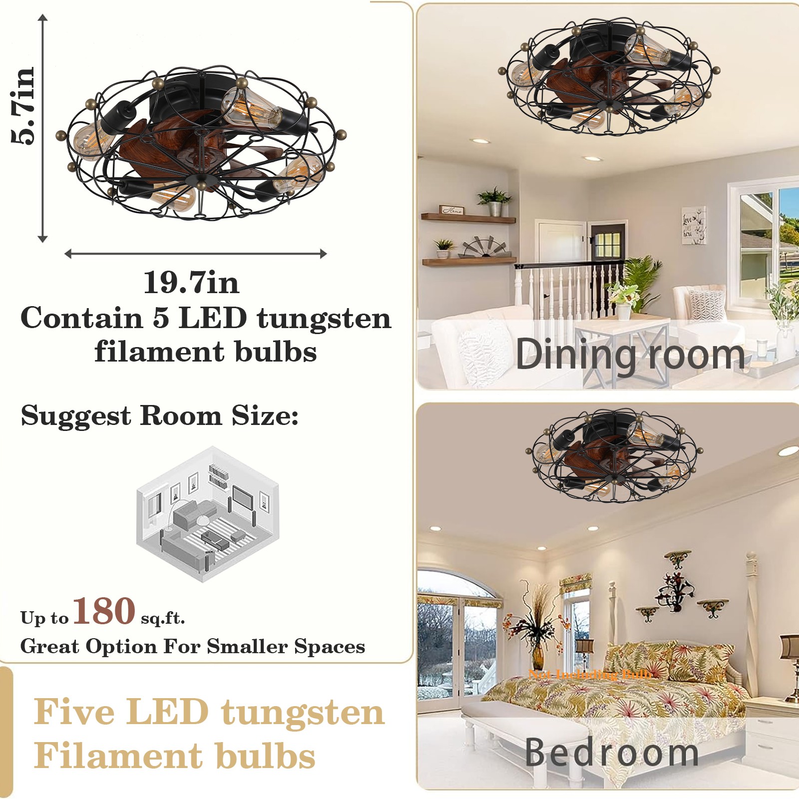 20'' Modern Caged Black Ceiling Fan with LED Light Flush Mount Remote Control