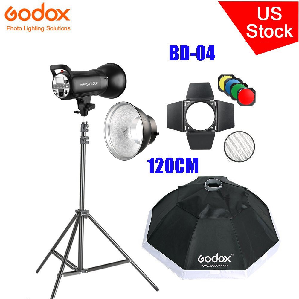 US Godox SK400II Studio Flash Light+120cm Softbox 2m Stand+BD-04 Barn Door Kit