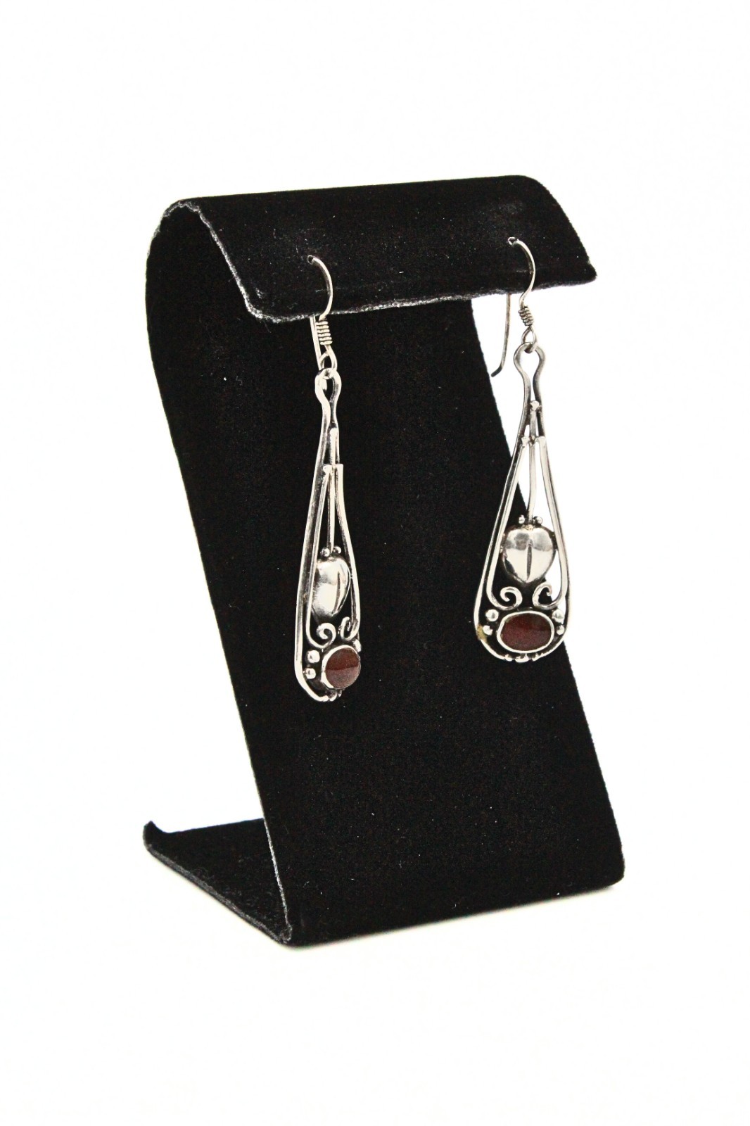 Graceful Signed Sterling Silver Cut Out Swirl Garnet Dangle Drop Earrings