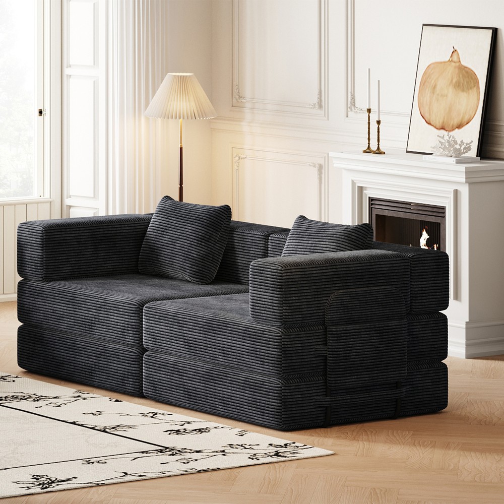72" Convertible Sofa Bed w/ Storage Pockets & Cushions, Corduroy Fabric
