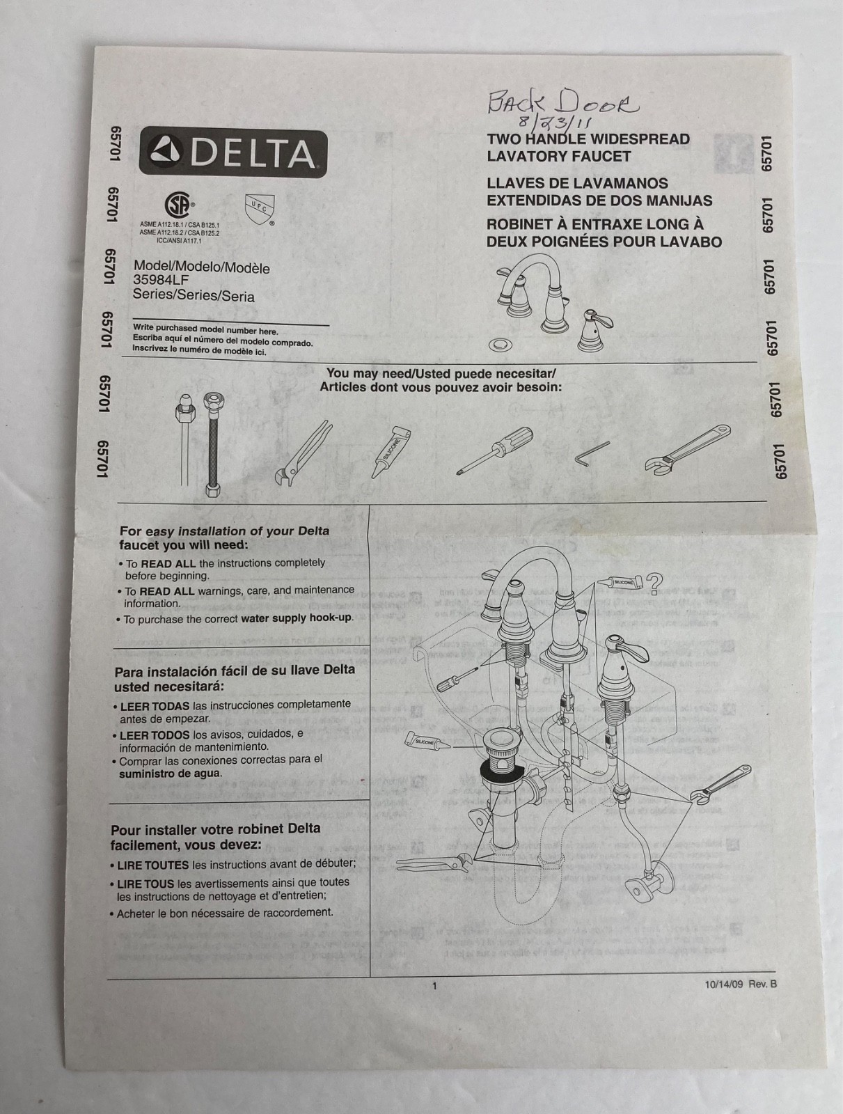 Delta 3598LF Two Handle Widespread Lavatory Faucet Installation Manual OEM