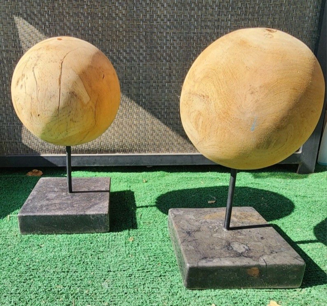 Round Teak Ball For Moe's Art Collection Rare HTF 12X6" Art Sculpture Lot of 2