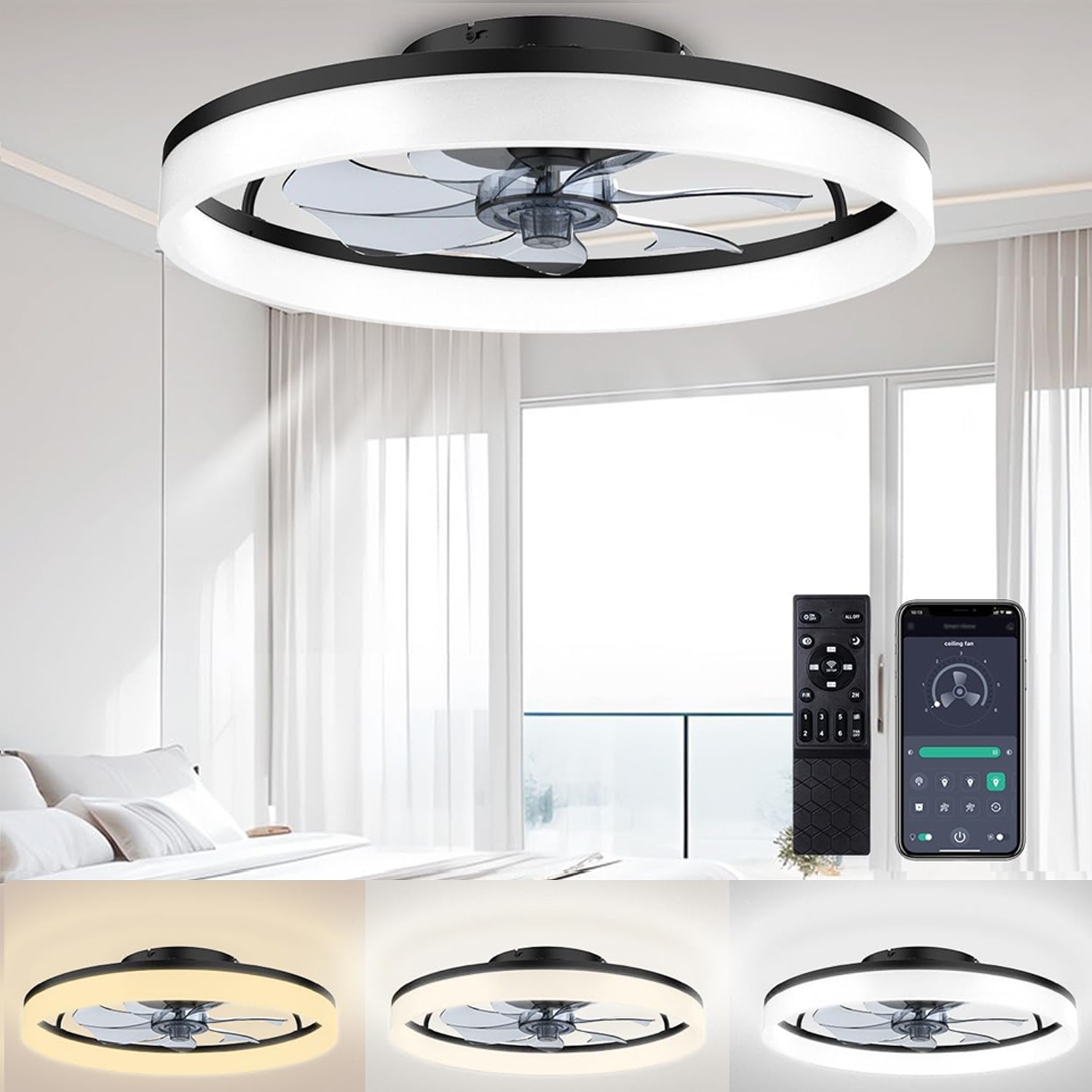 20" Modern Fan Lights Flush Mount LED Ceiling Light kit With APP Remote Control