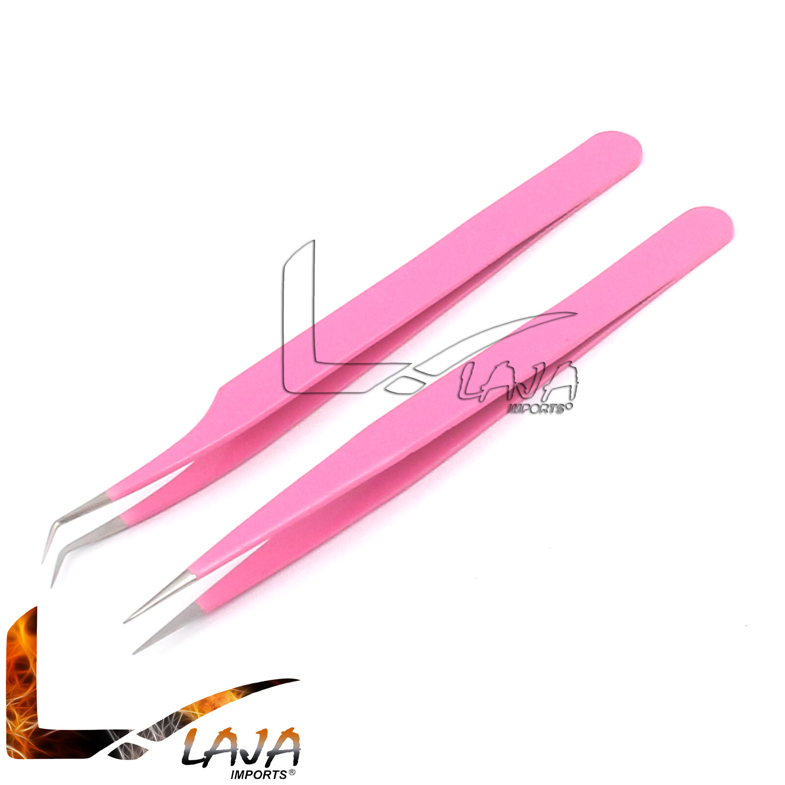 Nail Art Rhinestones Eyelashes Extension Tweezers Straight & Curved Pink Color