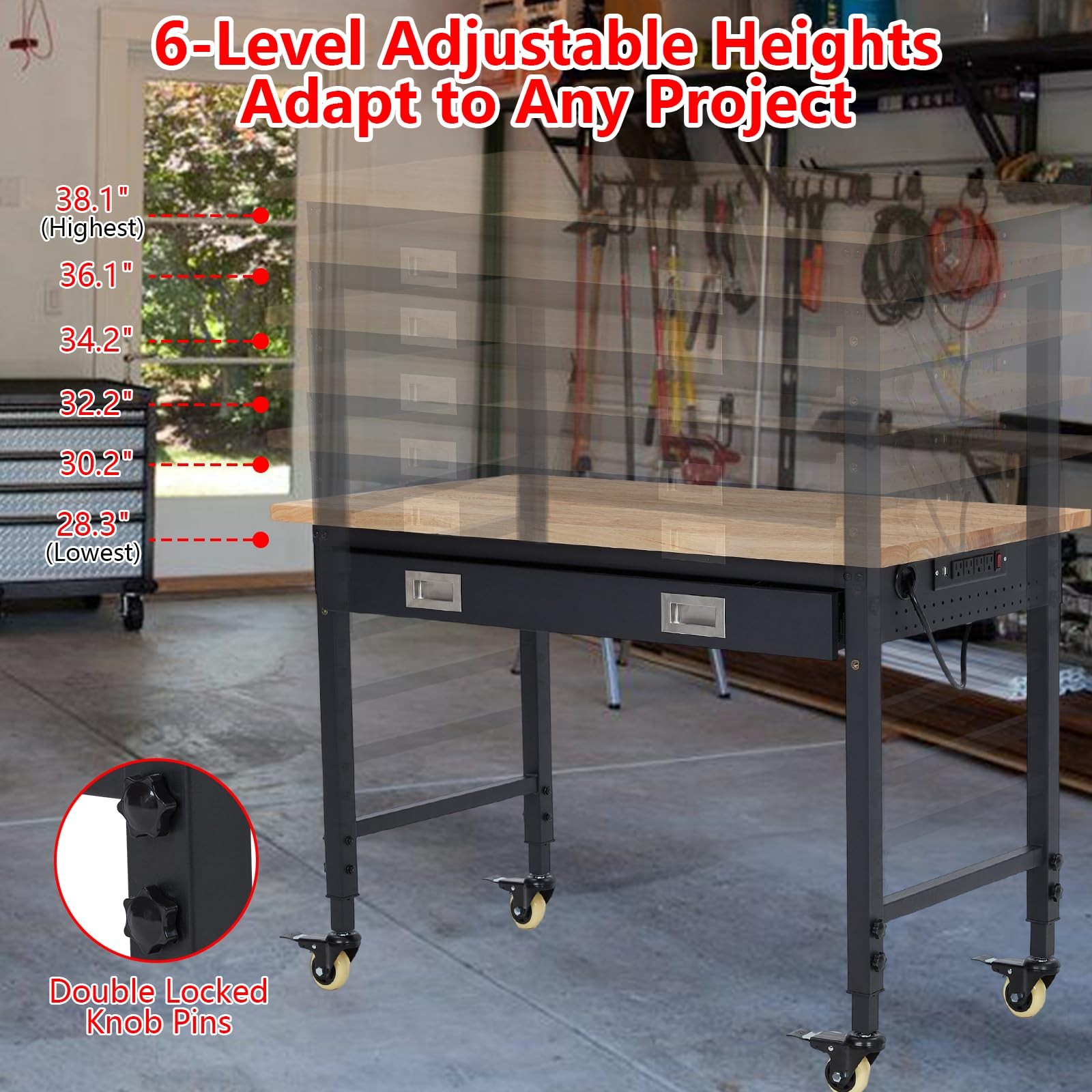 48"x 24"Workbench,Heavy Work Bench 2000LBS Garage Workbenchs with Power Duty