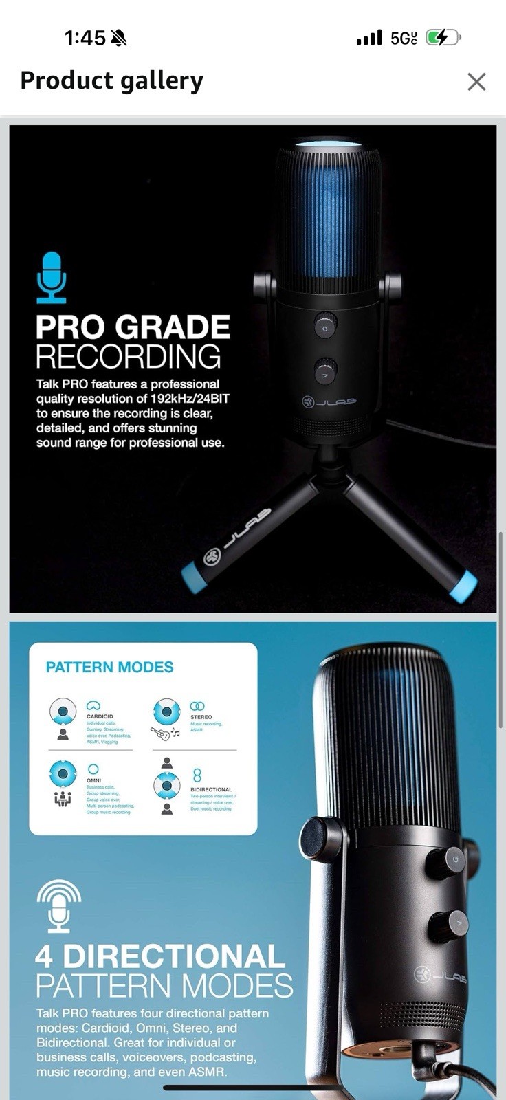 JLab Talk Pro USB Microphone USB-C Output Cardioid Omnidirectional Stereo