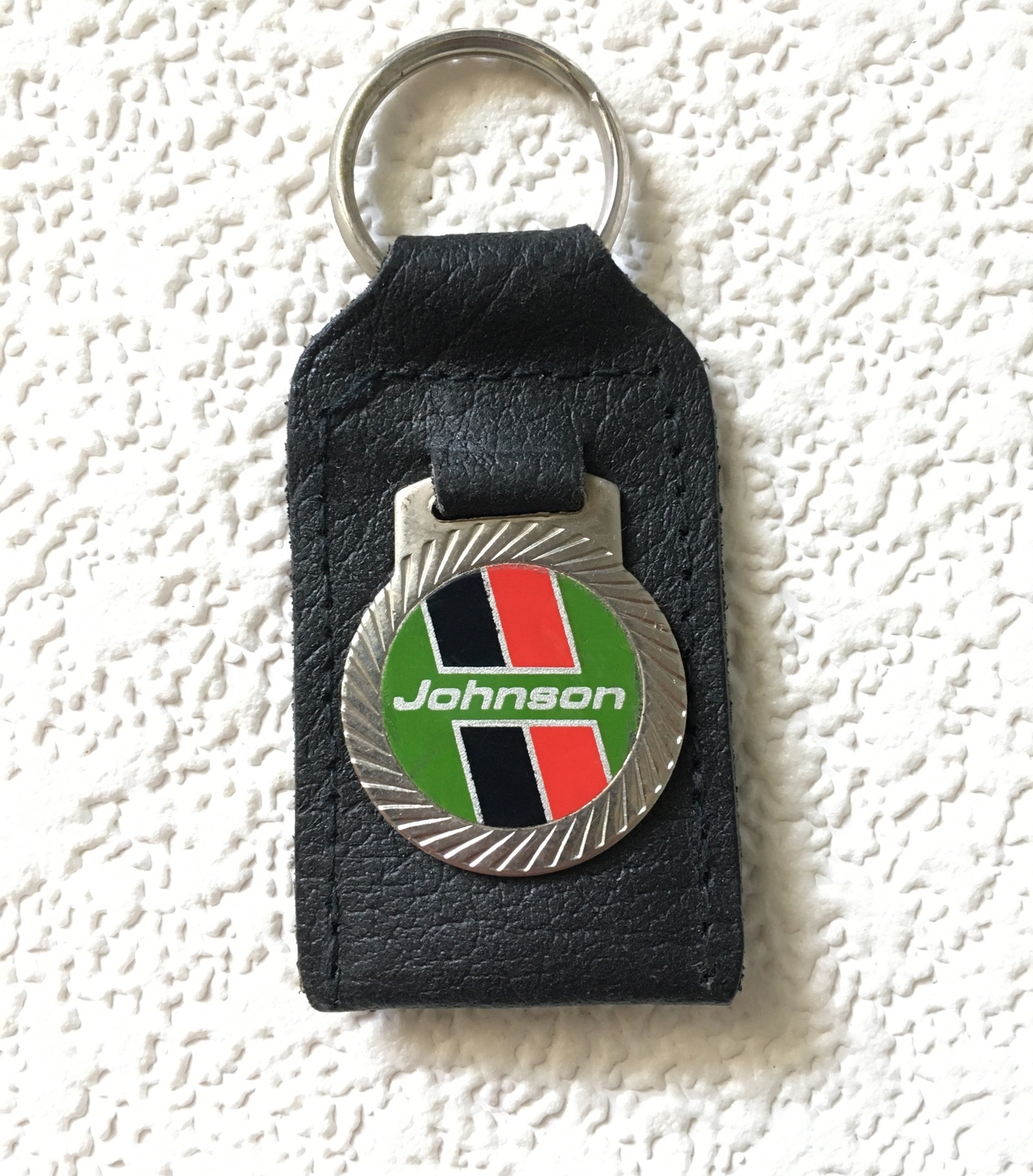 Vintage Keychain JOHNSON Key Fob Ring Genuine Leather OUTBOARD MOTORS SNOWMOBILE