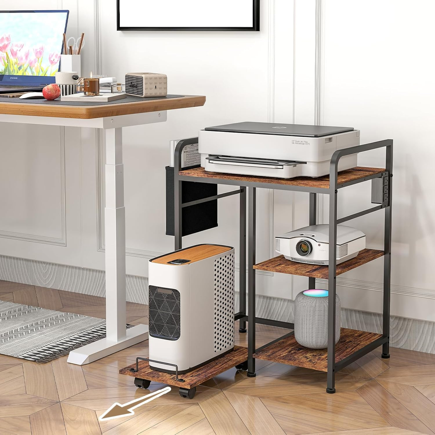 Rustic Brown Home Printer Stand with Charging Station & Storage for Office
