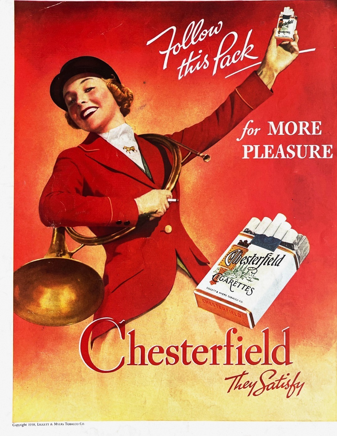 1938 CHESTERFIELD CIGARETTES Large Vintage Print Ad Smoking Woman with Horn