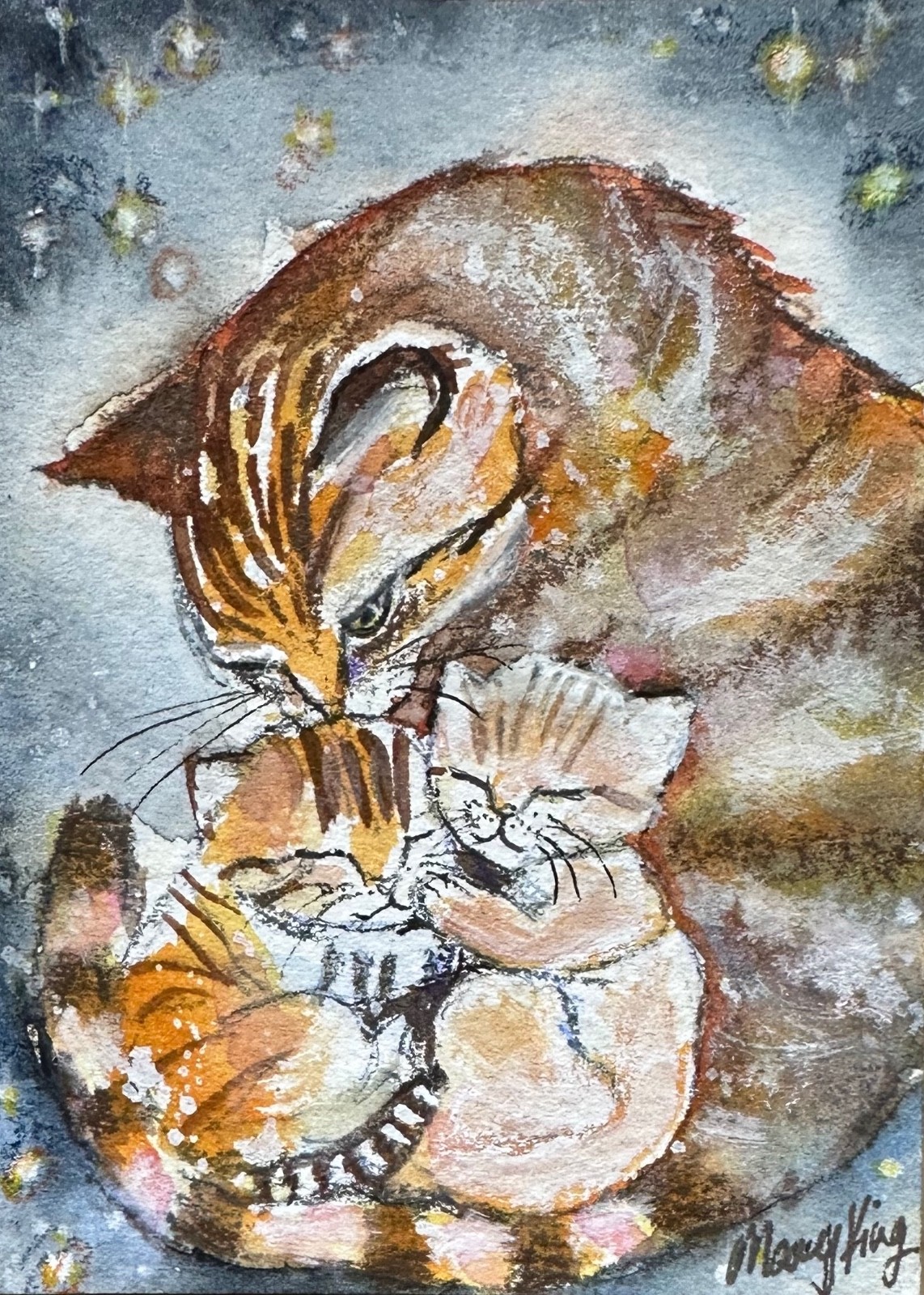 Watercolor ACEO 2.5" x3.5" Original Painting by Mary King - Mama Cat and Kittens