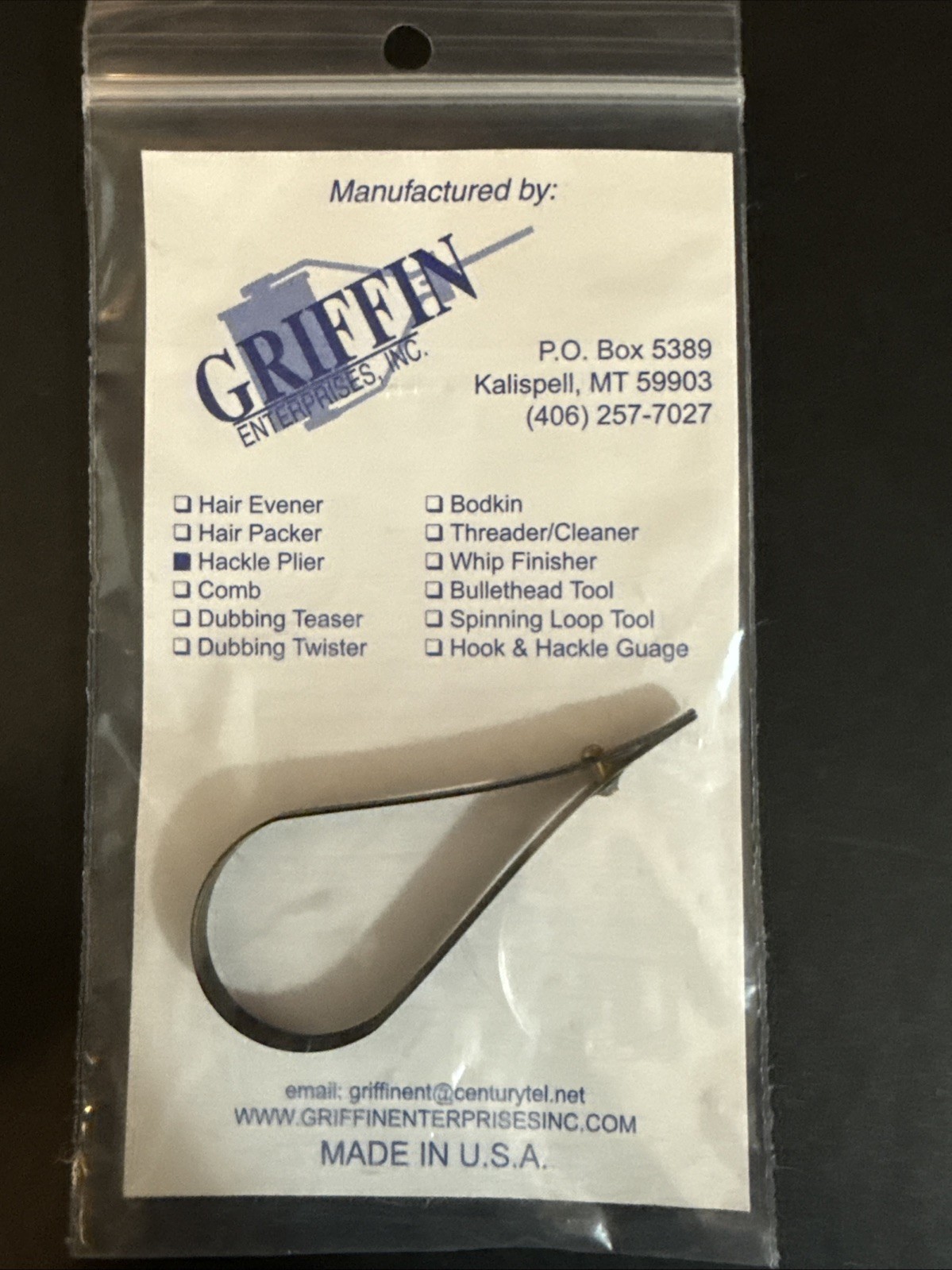 Griffin Tear Drop Hackle Pliers for Fly Tying