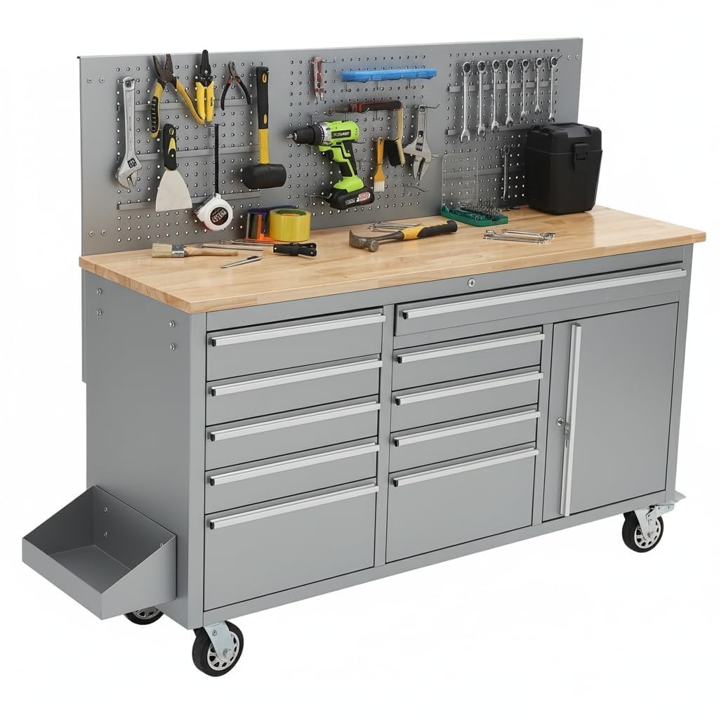 61-inch Rolling Workbench 10 Drawers Garage Workbench Storage Tool Cabinet