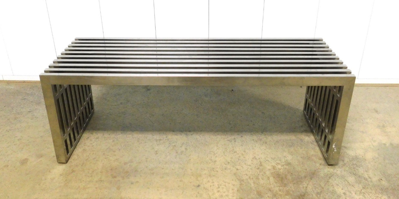Stainless Steel Modernist Style 46" Long Mid-Century Slat Bench
