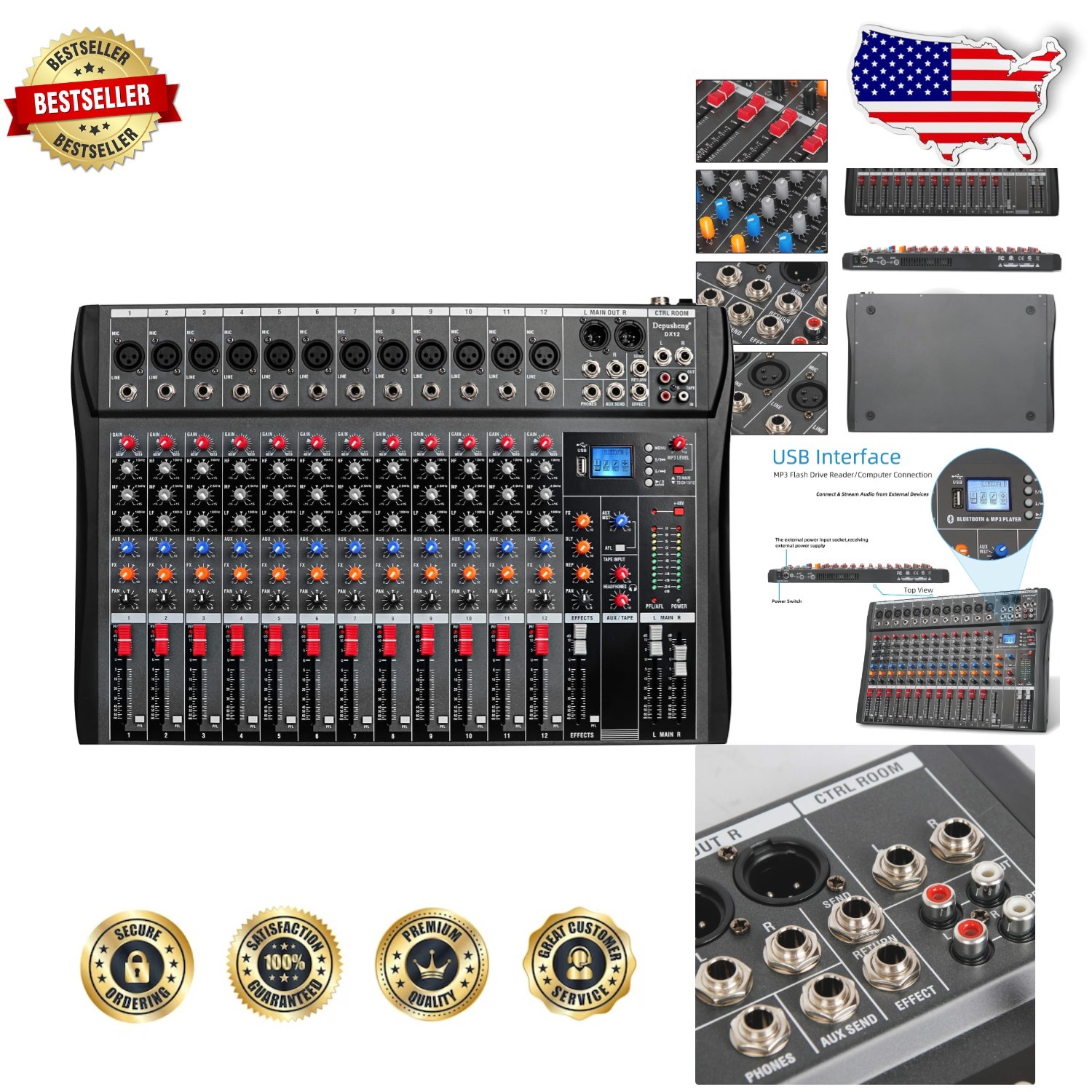 Depensheng 12-Channel Audio Mixer Bluetooth USB PC Recording 48V Phantom Power