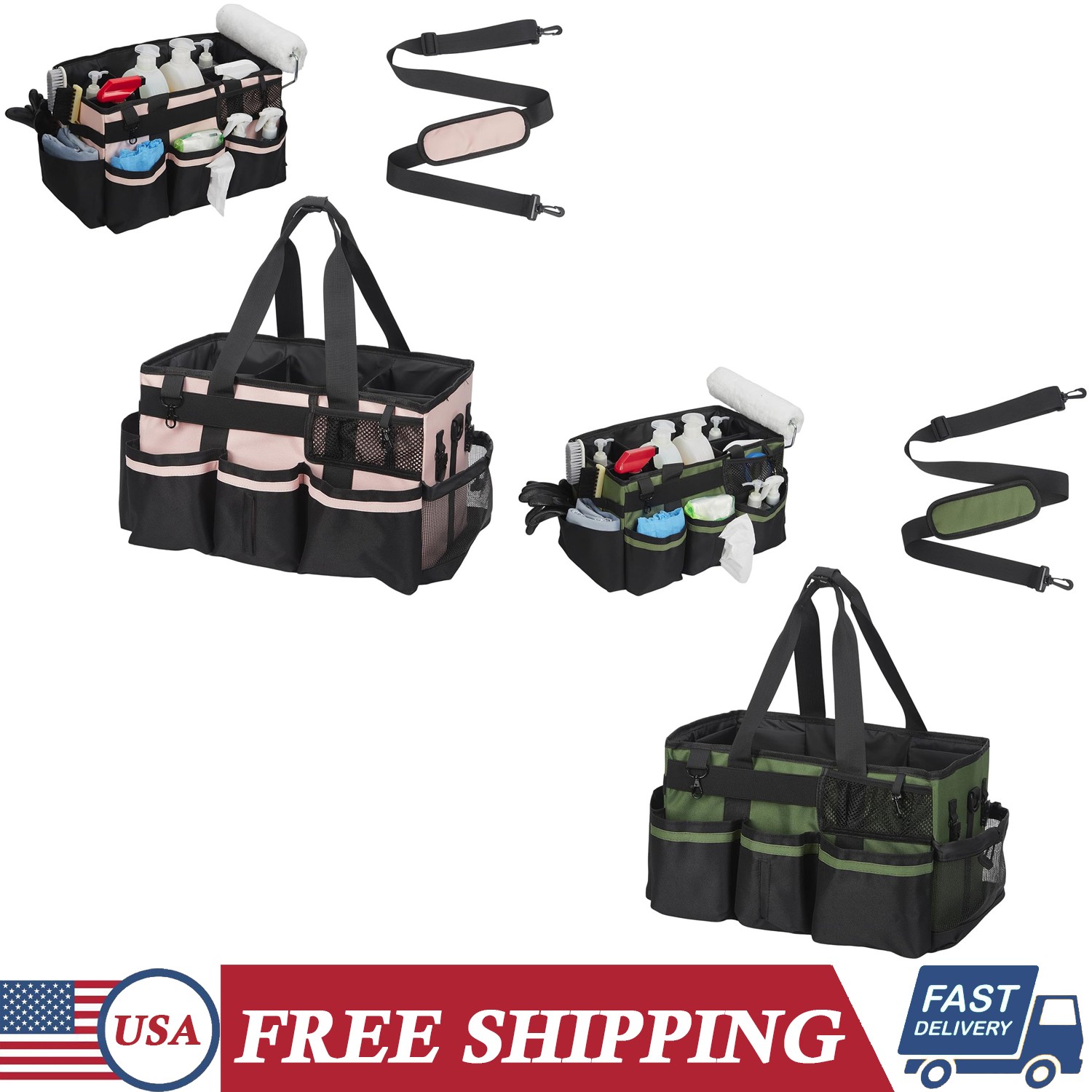 Green/Pink Wide Mouth Large Tool Bag  Multi-Pocket Storage Bag Organizer w/Strap