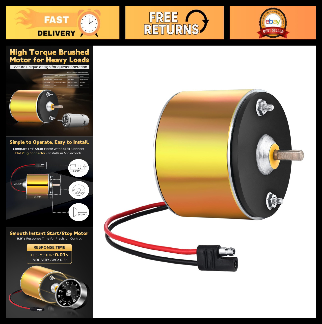 12V Heavy-Duty Motor for Deer Feeder - 1/4" Shaft, Smooth Start/Stop, S-Plug Con
