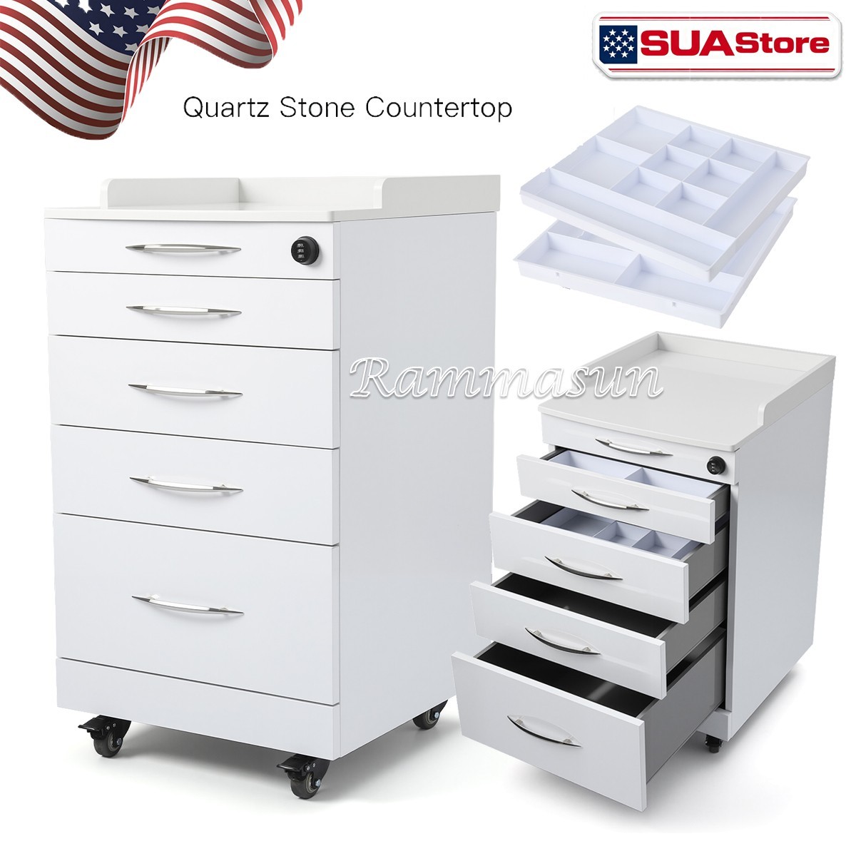 Heavy Duty Stainless Steel Medical Cart 4 Drawers Damping Slides Quartz Top Lock