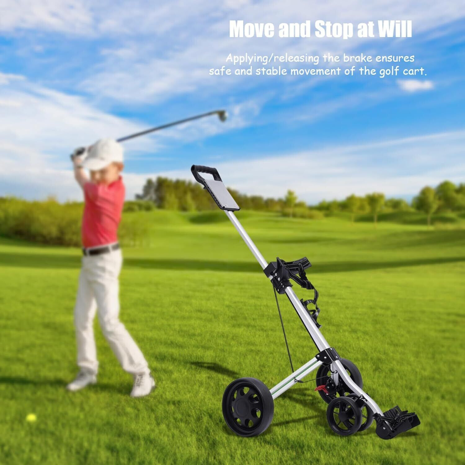 Folding 4 Wheel Golf Pull Push Cart Trolley Scorecard Umbrella Drink Holder Club