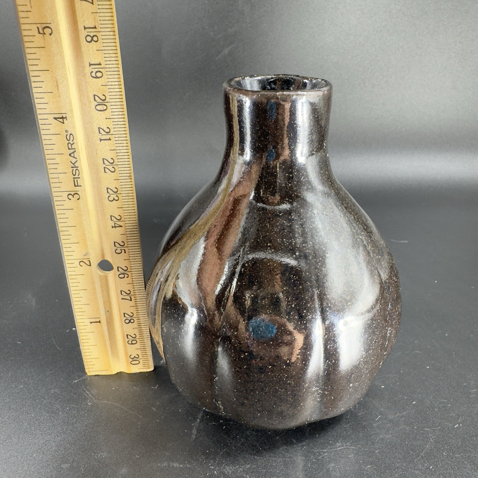 1980s Vintage Stoneware Pottery Vase Bottle Artist Signed Deep Brown Black Glaze