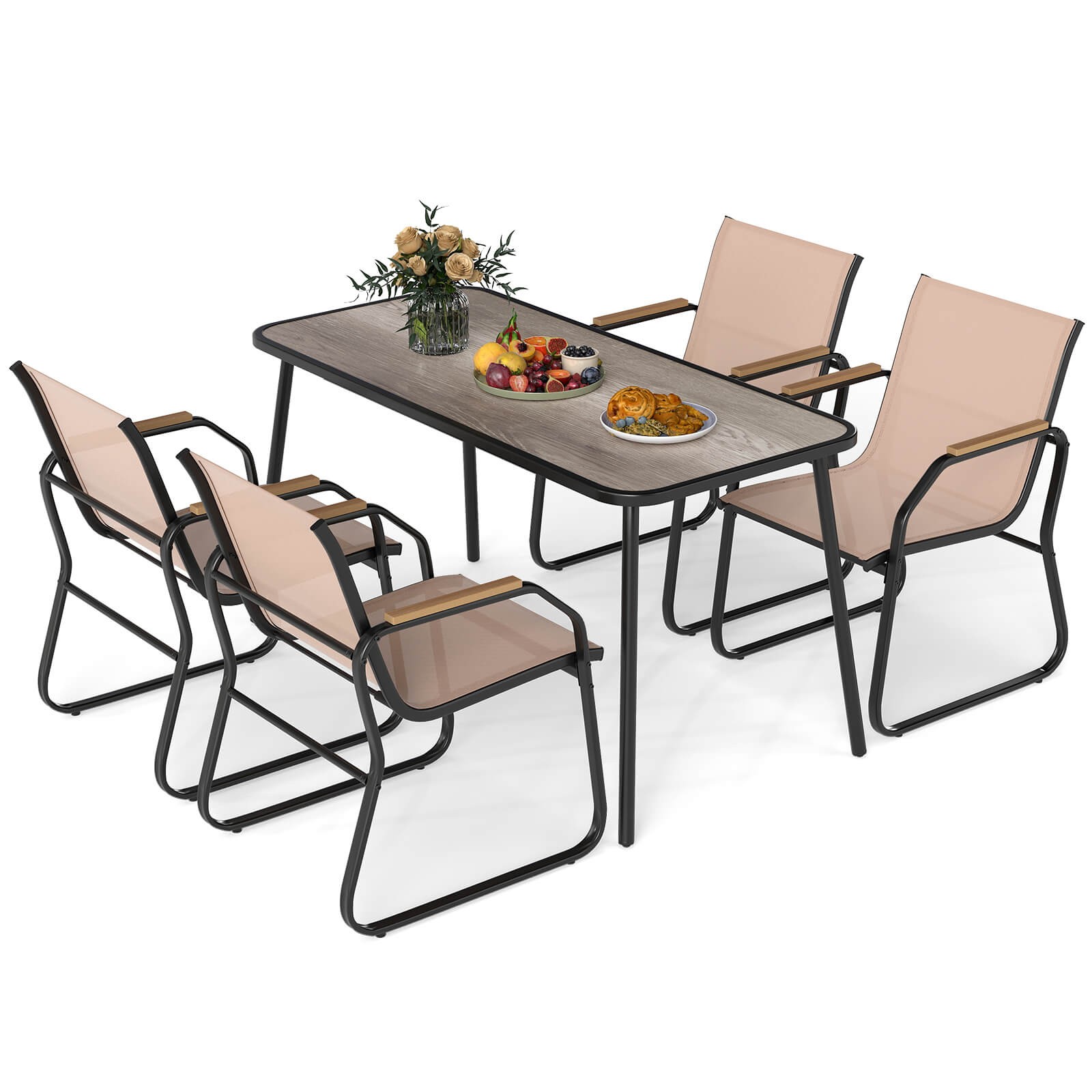 5 PCS Patio Dining Set w/ Wood-like Armrests & Metal Frame for Garden Yard