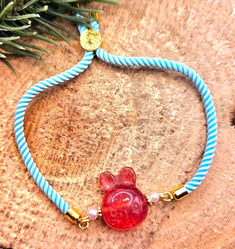 Natural Strawberry Quartz Rabbit Blue Knitted Bracelet
