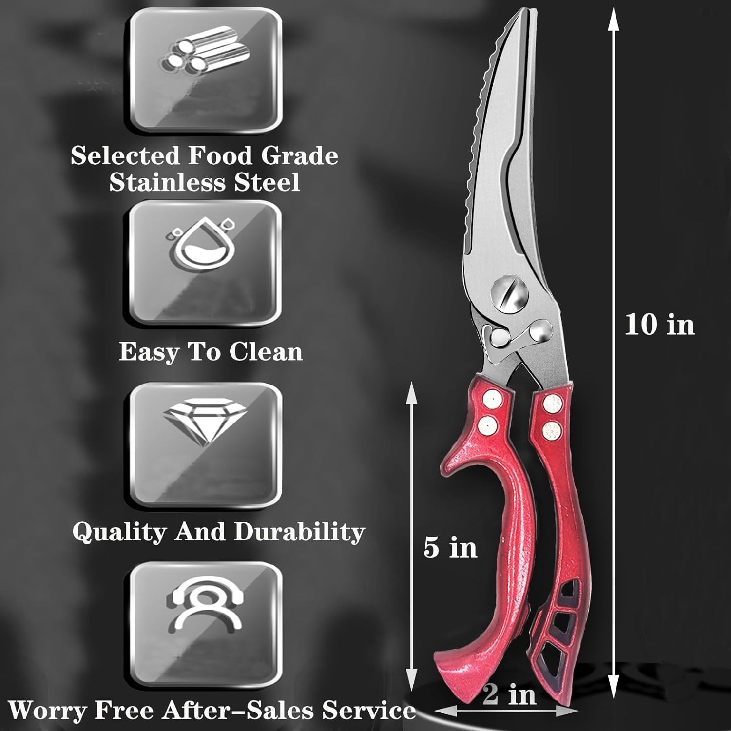 Versatile Heavy-Duty Kitchen Scissors - Non-Slip Red Handles & Leather Sheath