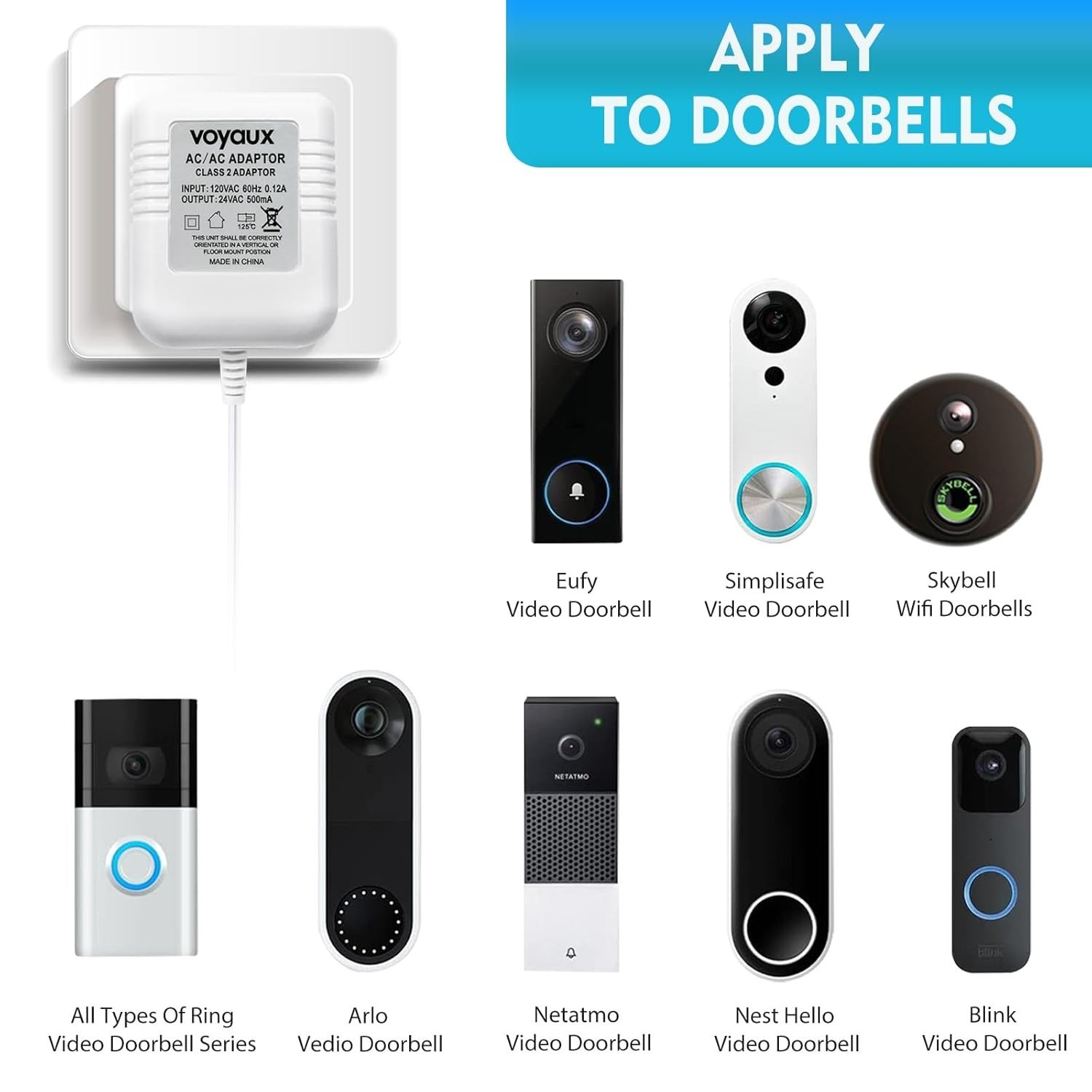 24V Doorbell Transformer, AC Adapter for All Ring Video Doorbell Versions, 18ft