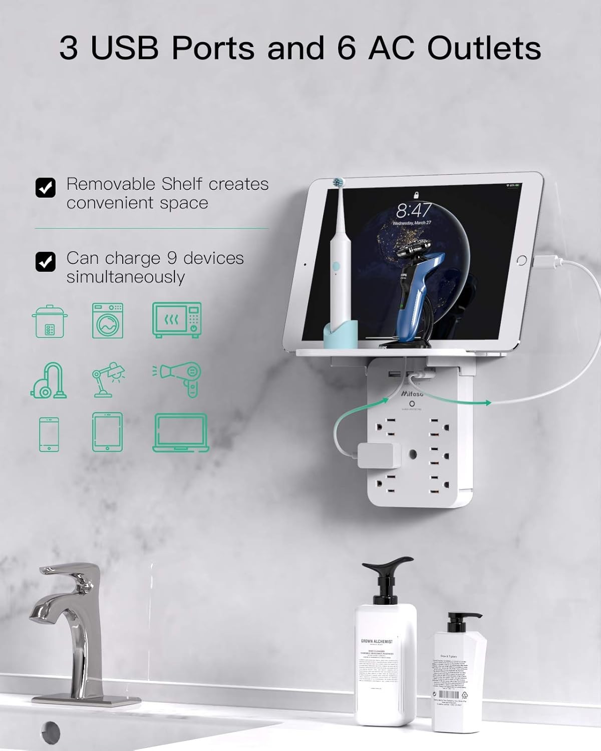 Wall Outlet Extender with Surge Protector 6 AC Outlets Shelf 2 USB & USB C