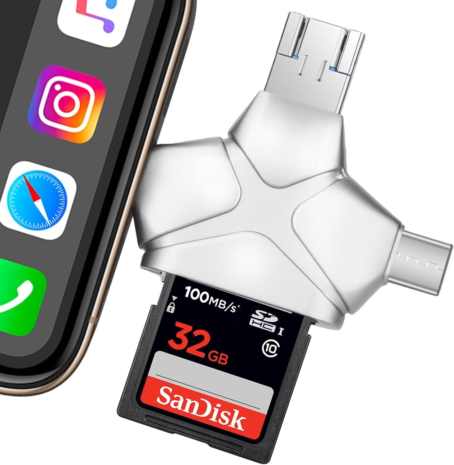 Portable 4-in-1 Memory Card Reader for iPhone, Android & Camera: No Apps Needed