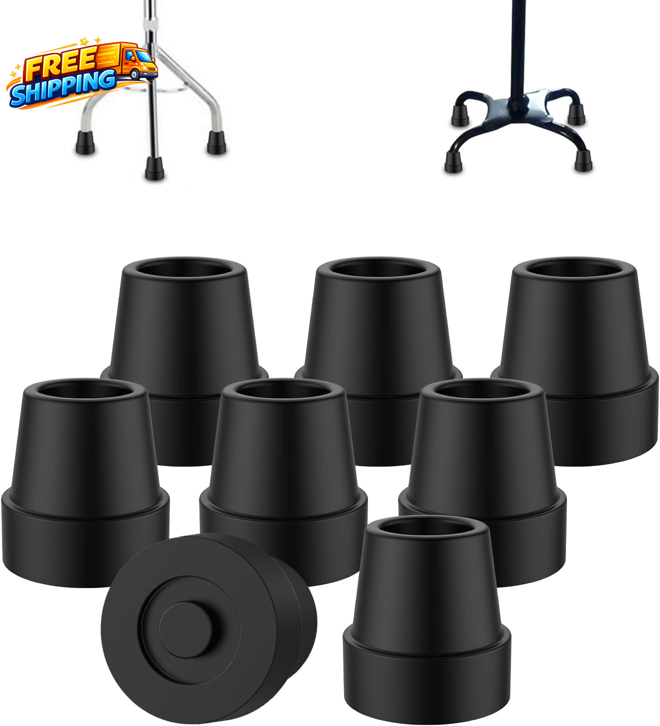 Quad Cane Tip (8 Pack), Non-Slip Durable Rubber Cane Tip 1/2 Inch Replacement Ru
