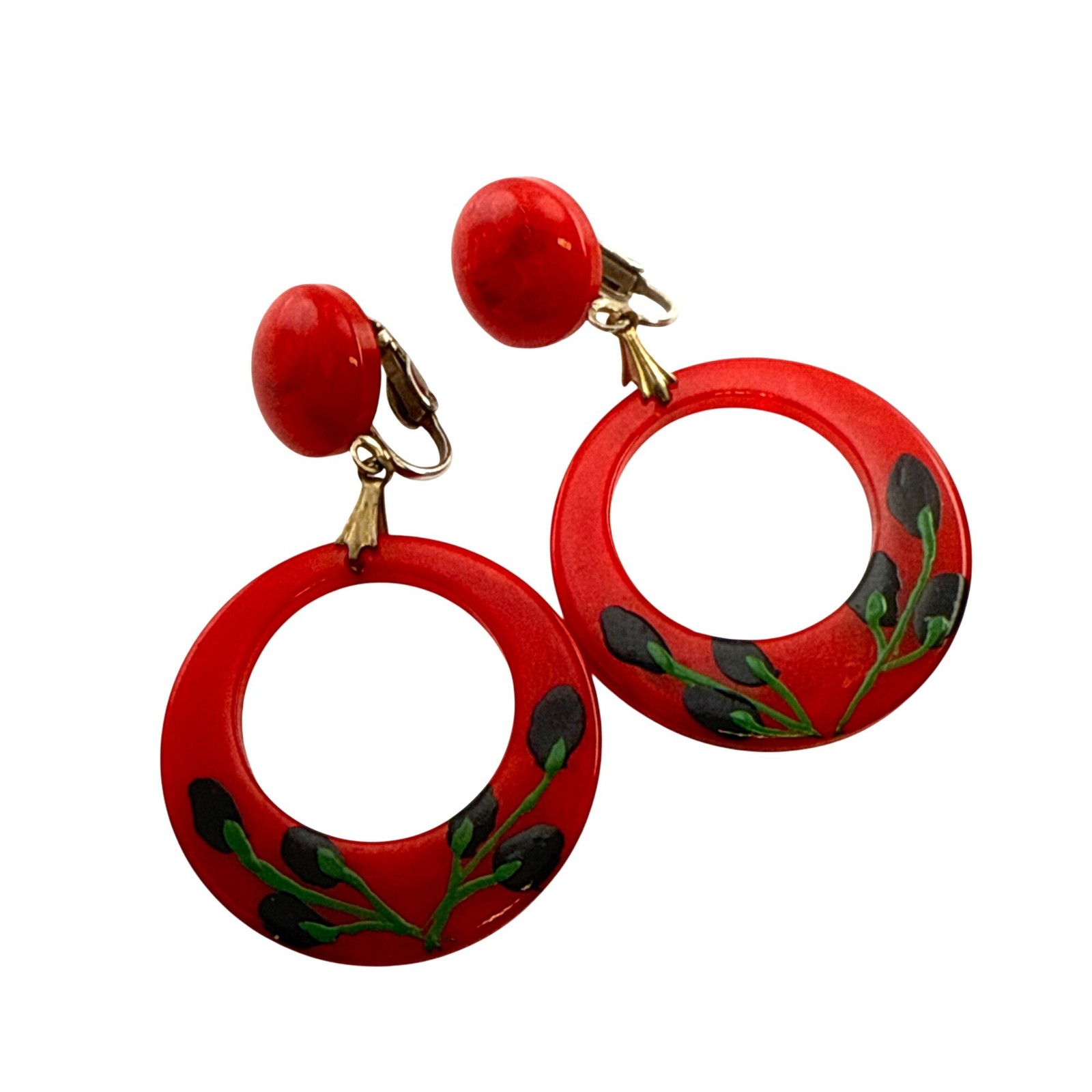 Vintage Red Hoop Clip On Earrings Floral Painted Retro Jewelry