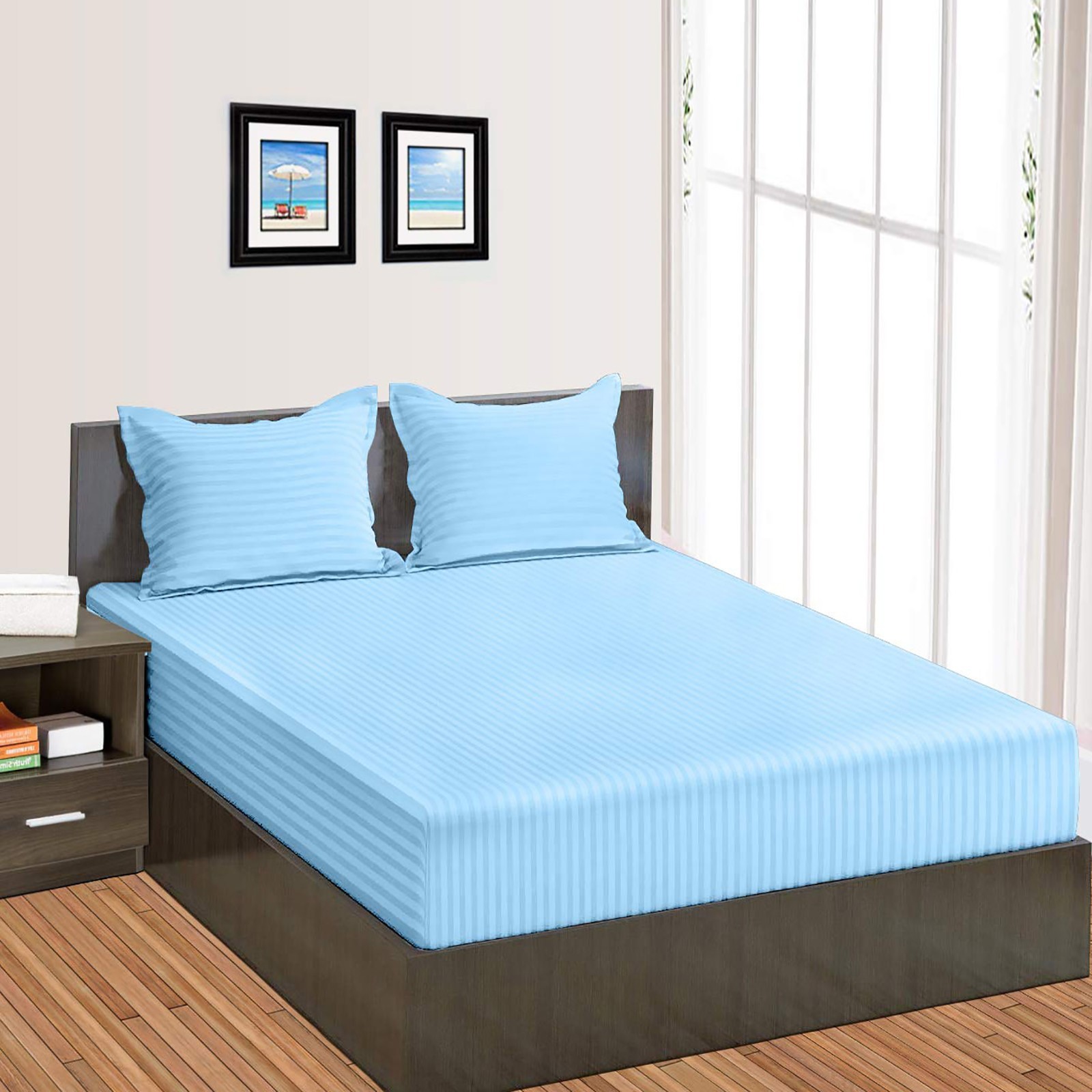 Egyptian Cotton Extra Deep Pocket Sheets 1000 Thread Count - Sky Blue Stripe