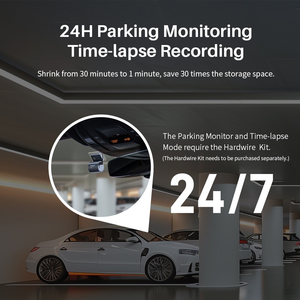 Tiny Dash Cam, 2K Transparent Screen Voice Control, Night Vision 24H Park Mode