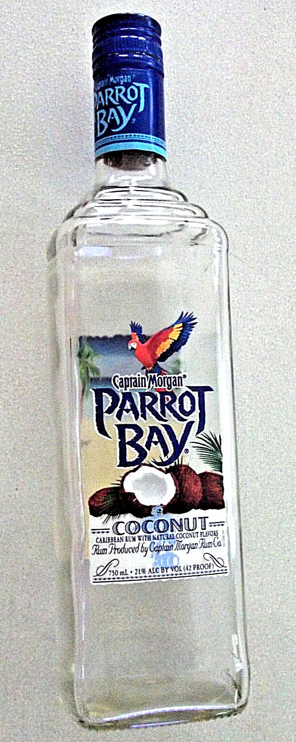 One EMPTY 750 ML Captain Morgan PARROT BAY Coconut GLASS BOTTLE Metal Screw Cap