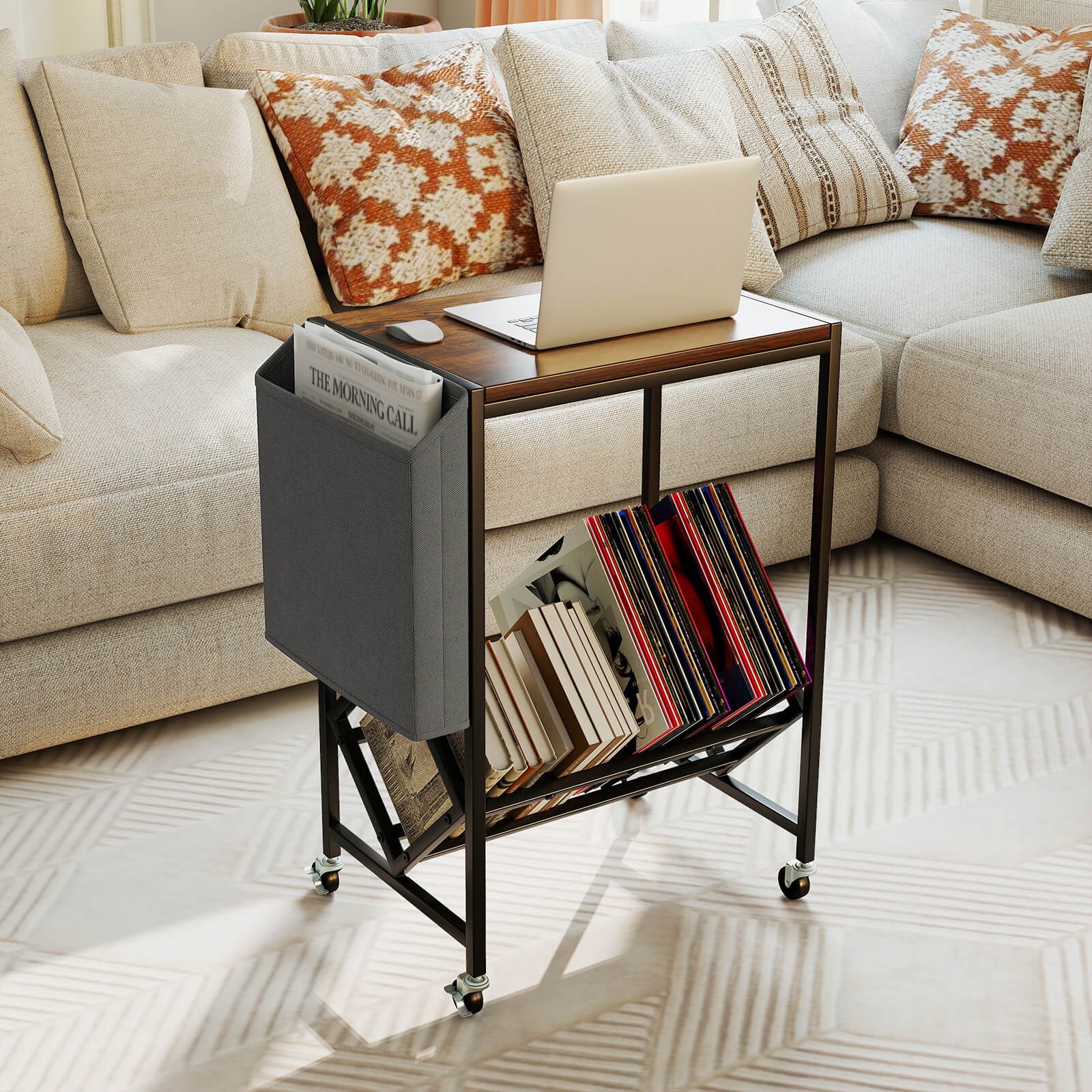 Record Player Stand w/Vinyl Record Storage & Side Storage Pouch, Swivel Wheels