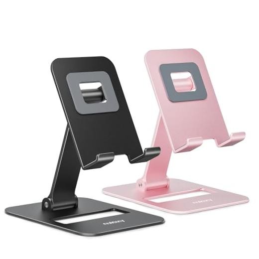 2 Pcs Aluminum Dual Folding Cell Phone Stand for Desk A-Black & Rose Gold