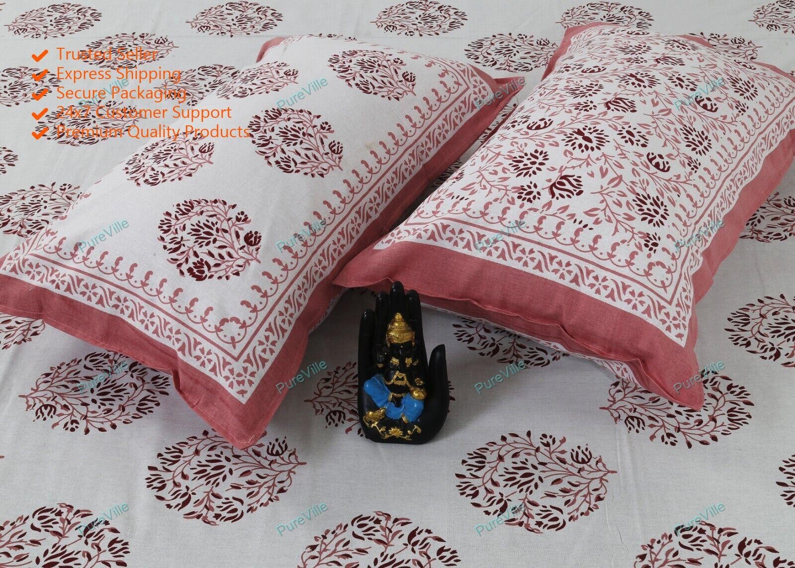 Indian Floral Pattern 100% Cotton Double Bed Sheet With 2 Pillowcase, Pink