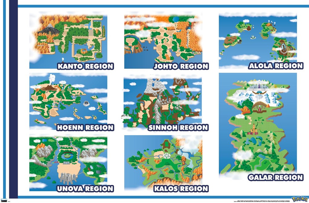 Pokemon 8 REGIONS MAPS 22x34 Wall Chart POSTER