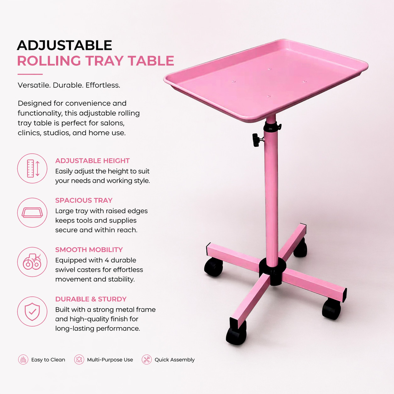 Adjustable Rolling Tattoo Tray Table – Pink FJ144-8