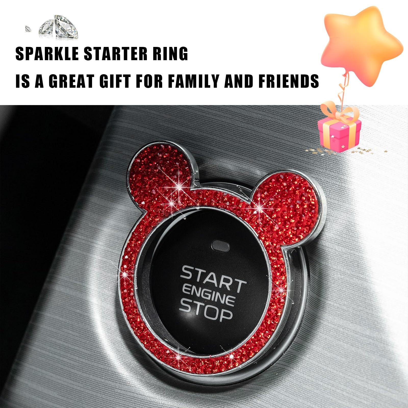 Augeny Bling Car Engine Start Button Cover, Rhinestone Key Ignition 1PC, Red