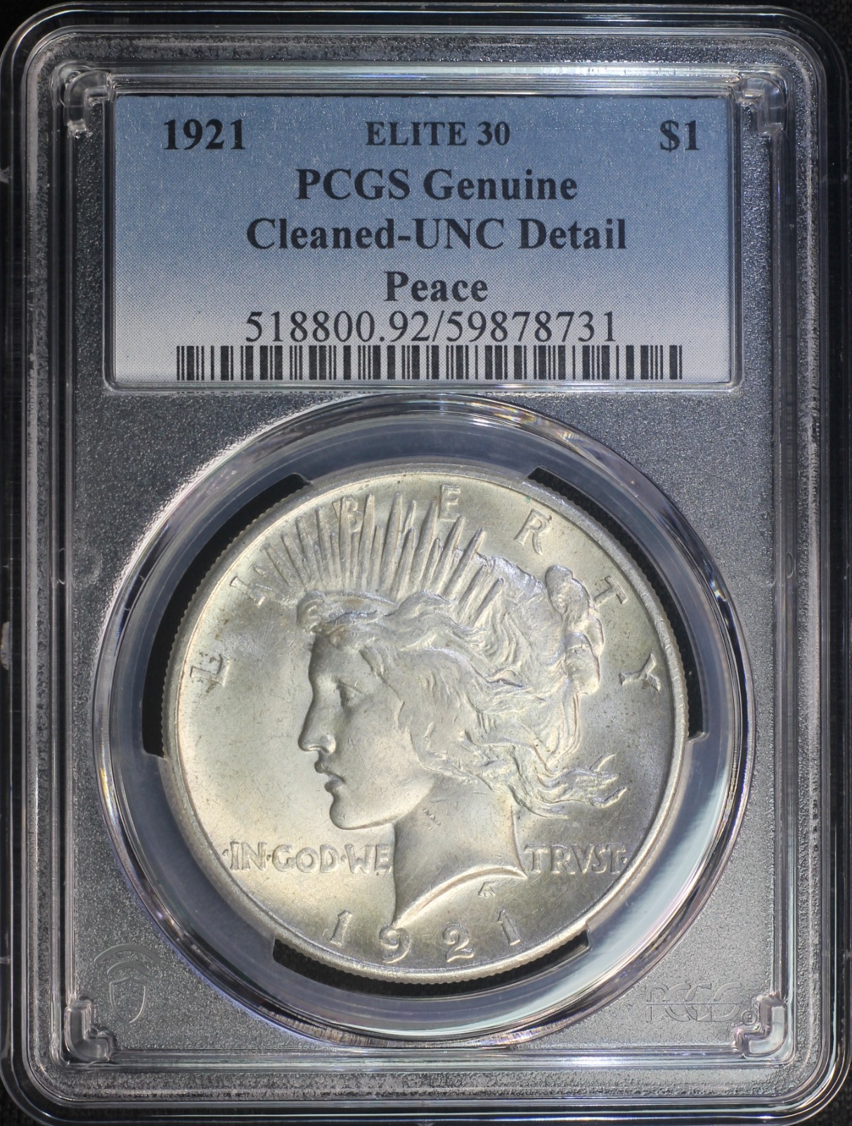 1921 Peace Silver Dollar PCGS UNC Detail Elite 30 VAM 1H Polishing Lines