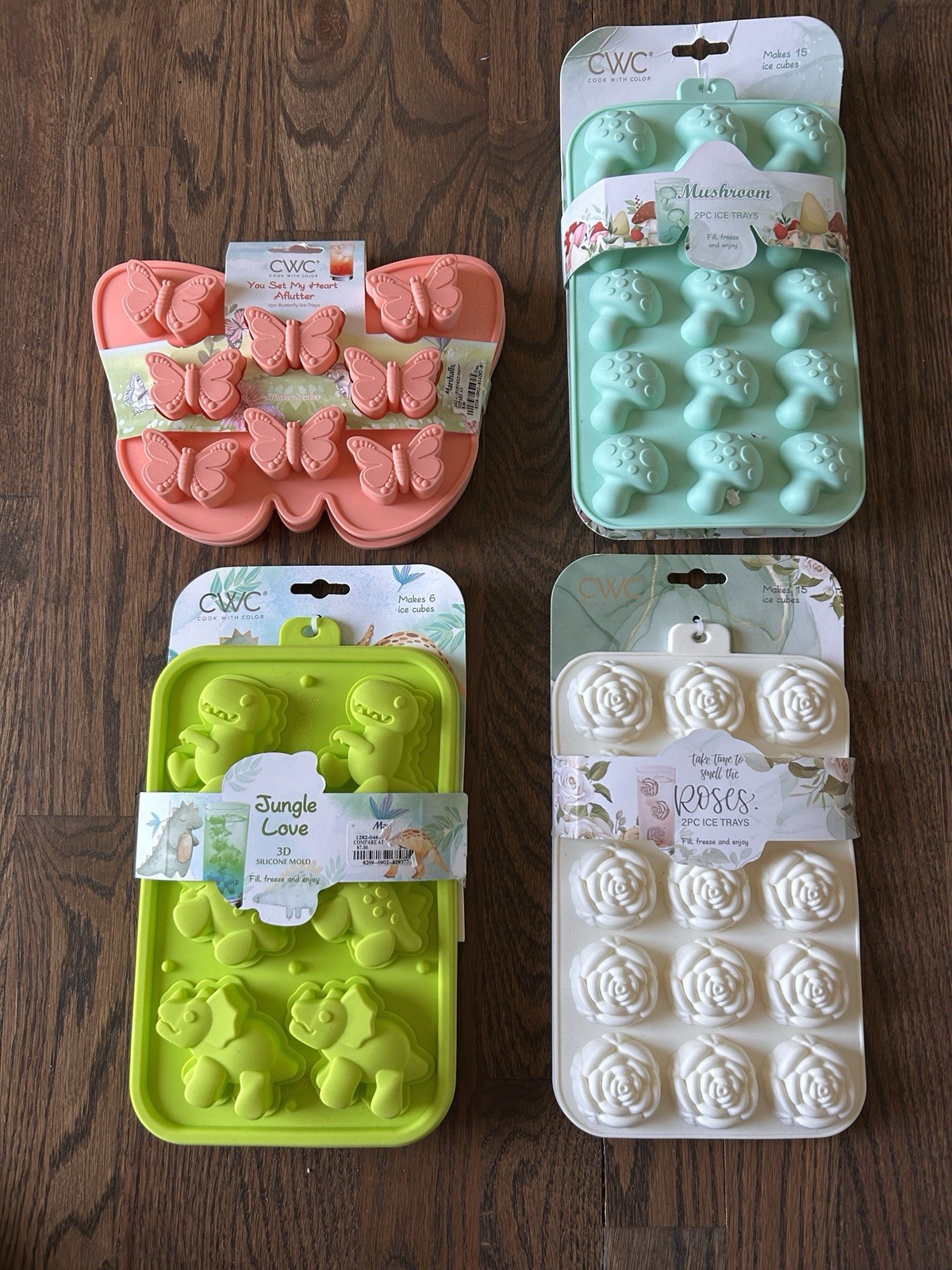 NWR 4 Sets 2 Of Each Ice Cube Molds Roses, Mushrooms, Butterflies, Jungle