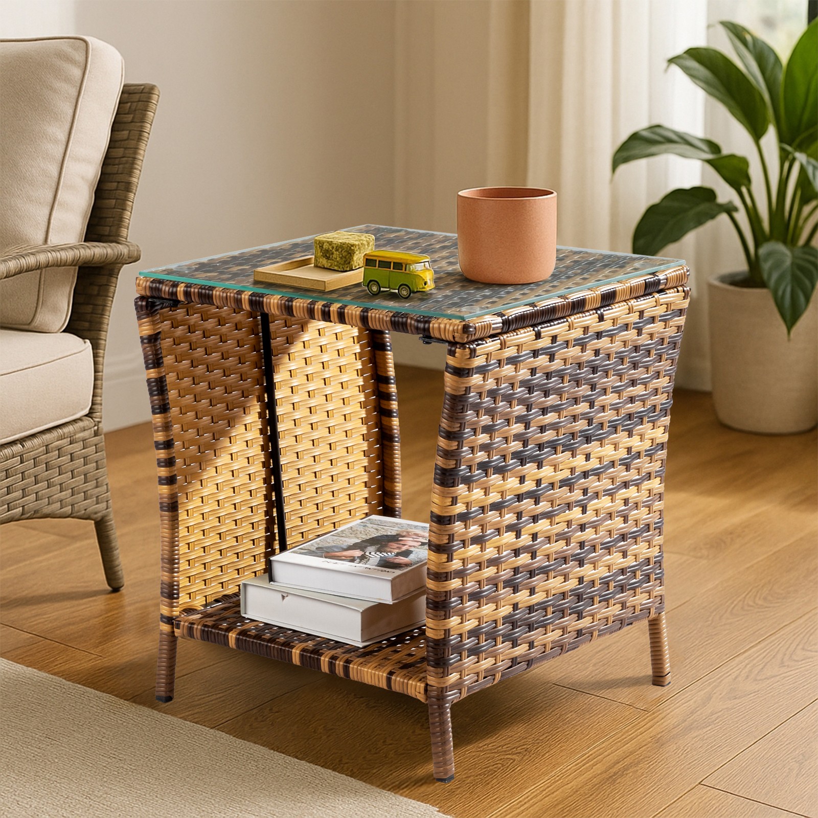 18" Gradient Wicker Rattan Side Table with Glass Patio Outdoor Garden Furniture