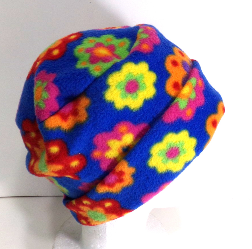 BLUE  W/  FLOWERS    FLEECE ROLLED BRIM WINTER HAT   WARM  h88cr  V2
