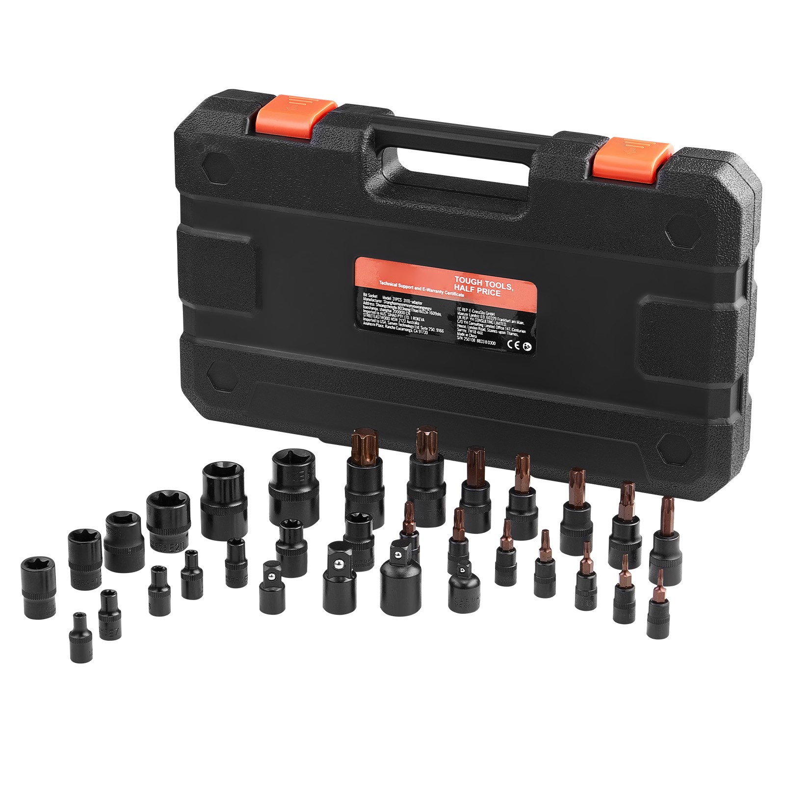 Bit Socket and External Torx Socket Set,31-Piece T8-T70 E4-E24,S2 Alloy Steel