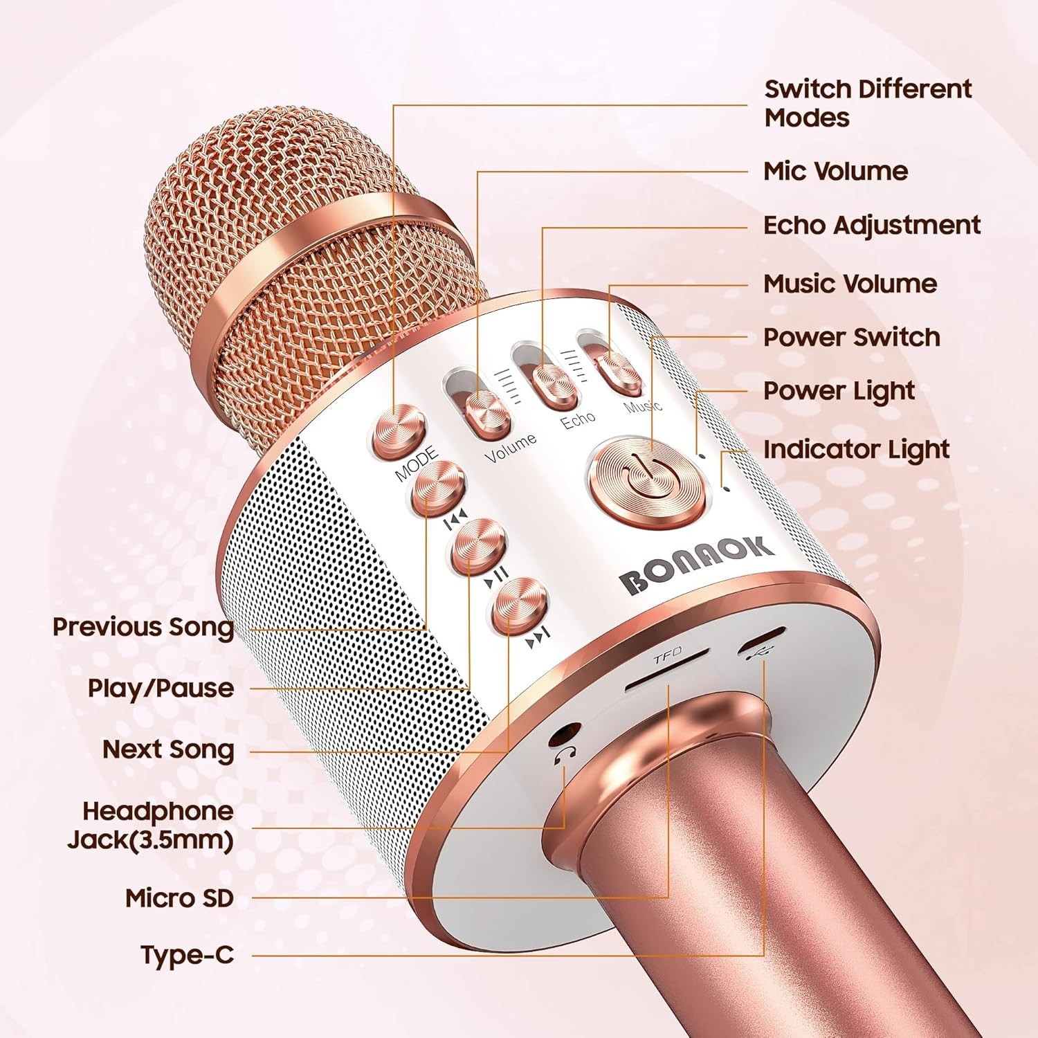 Rose Gold Wireless Bluetooth Karaoke Microphone & Speaker for Effortless Fun