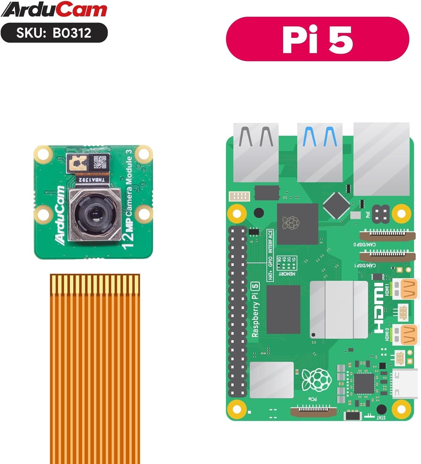 High Resolution 12MP Pi Camera Module V3 with Autofocus and Compatible Cables
