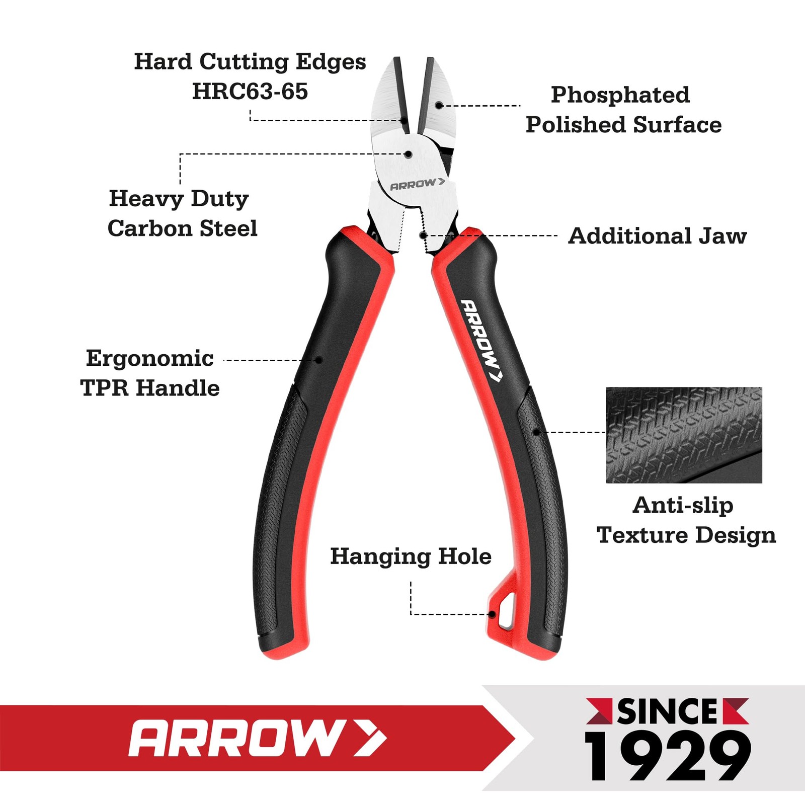 ARROW High Leverage Diagonal Pliers, 6 Inch Wire Cutters with Comfortable TPR...
