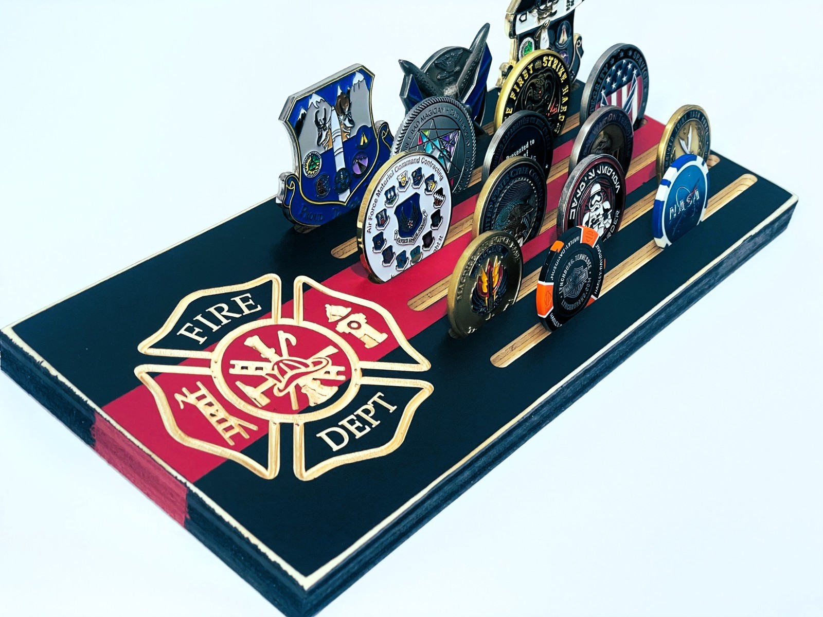 Firefighter Thin Red Line Challenge Coin Display Rack Engraved Wood Stand Gift