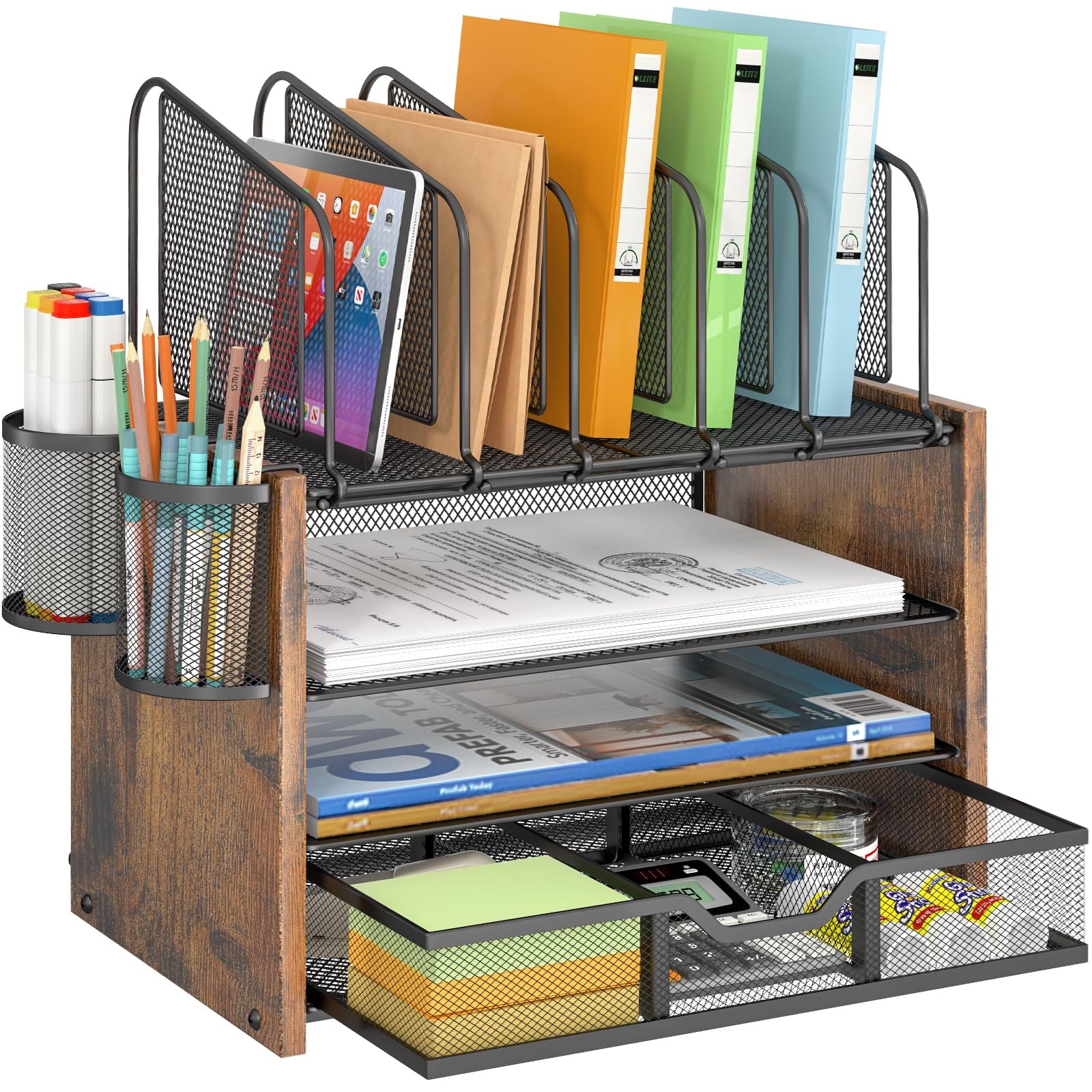 DAOUTIME 4-Tier Mesh Desk Organizer, Wooden With Drawer, 4 Tier-Upgrade